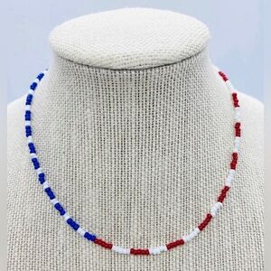 Red White Blue Beaded Flag Choker Necklace Boho Y2K  Preppy Patriotic Coastal